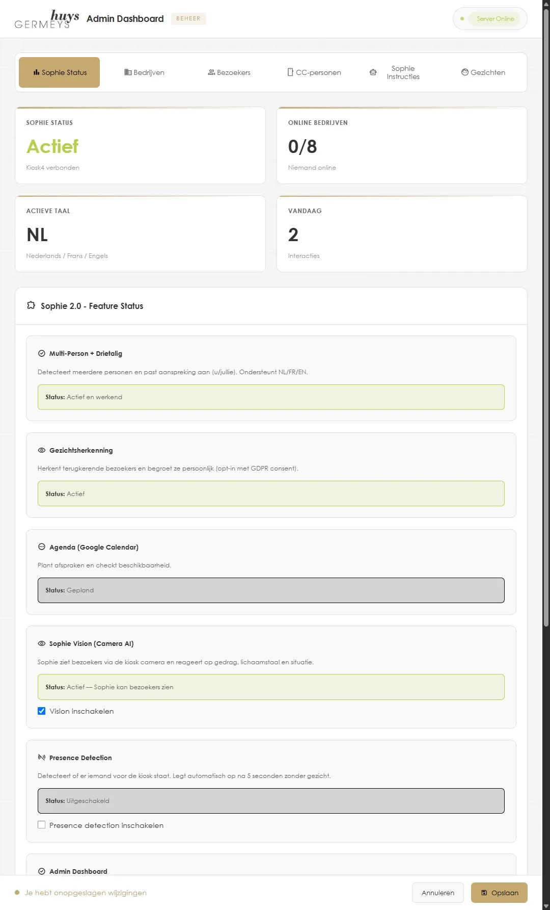 Het dashboard van Sophie: bedrijven, statistieken en voicemails