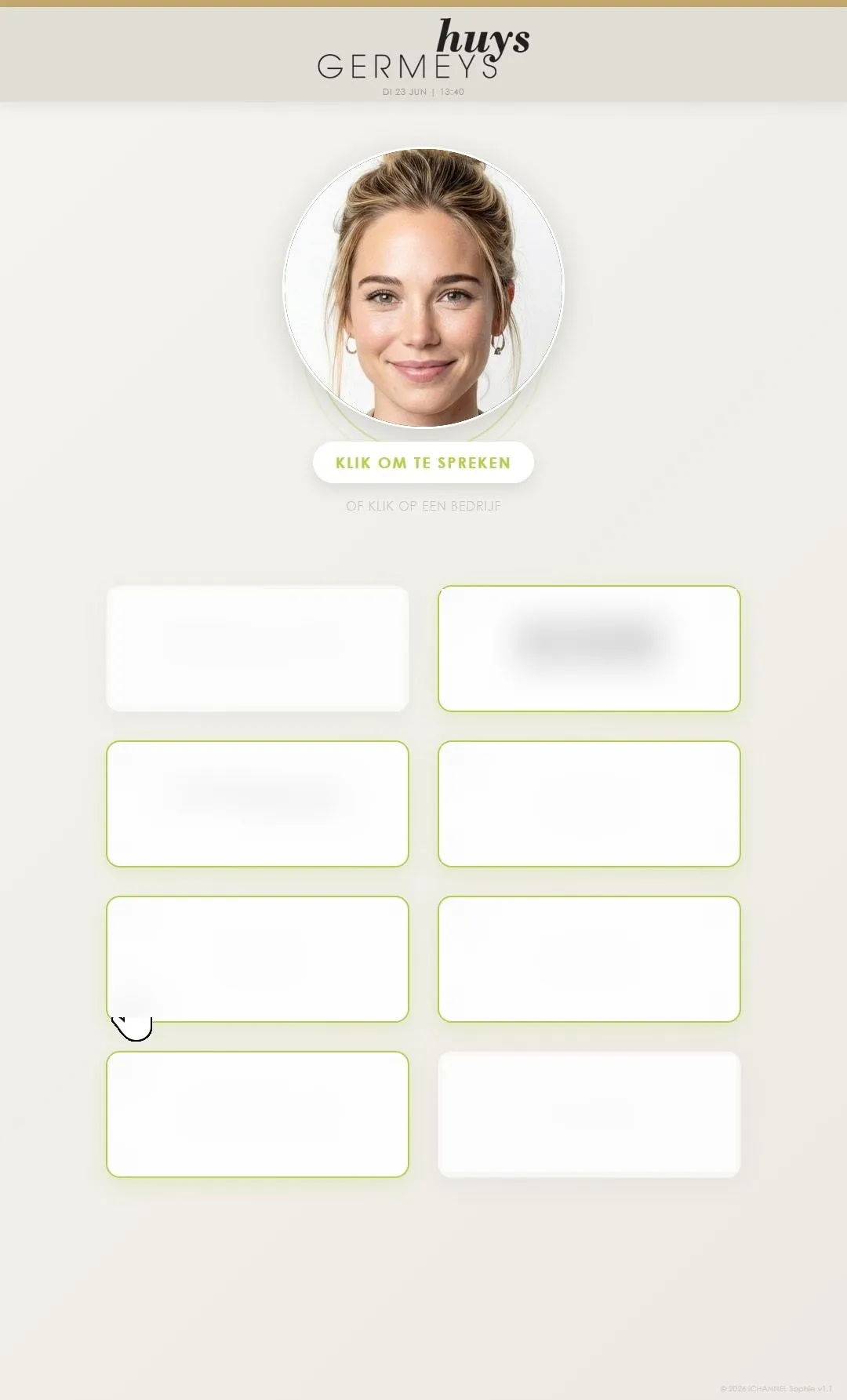 Het onthaalscherm van Sophie: keuze van het bedrijf